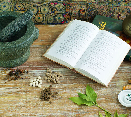 Ayurveda Medizin Buch Mörser Tabletten